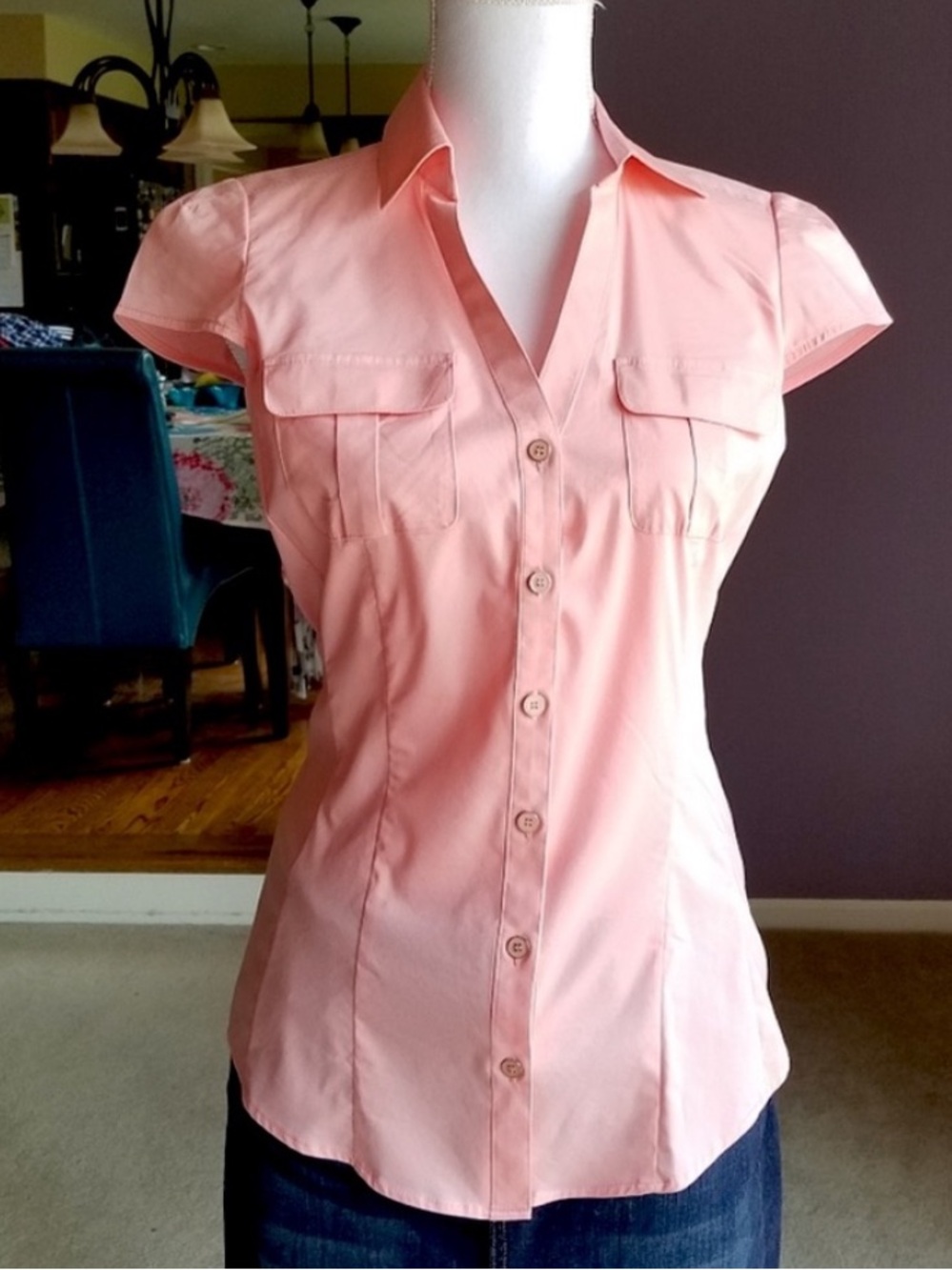 Women’s Preppy Peach Orange Short-Sleeve B-neck Dress Shirt XS